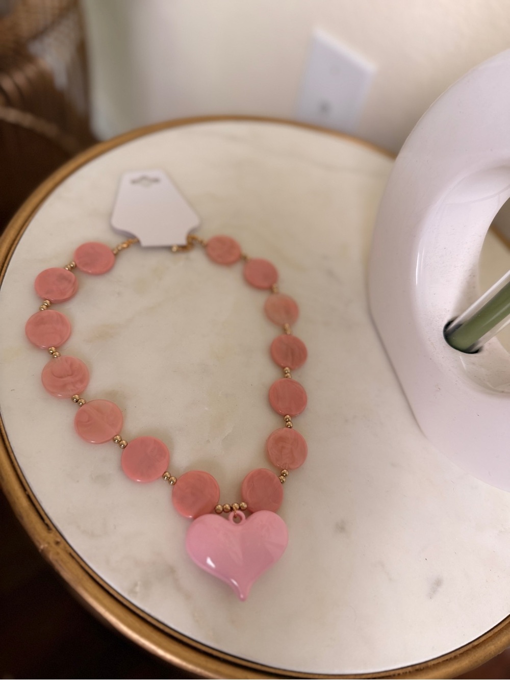 Pink Heart Pendant Beaded Necklace - Unbranded